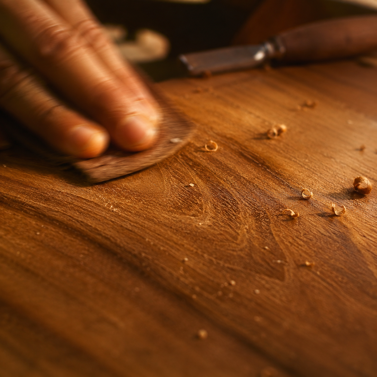 Close-up of a craftsman hand-finishing a Teak wood surface in the Shastri workshop