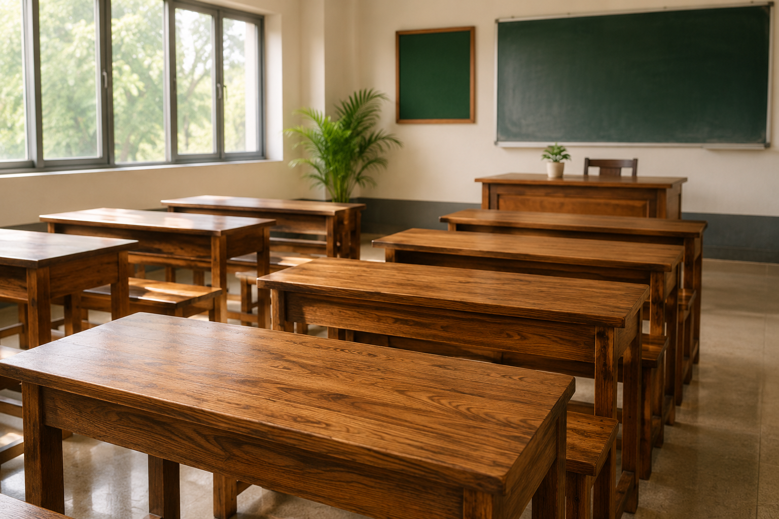 School classroom fitted with student desks and benches