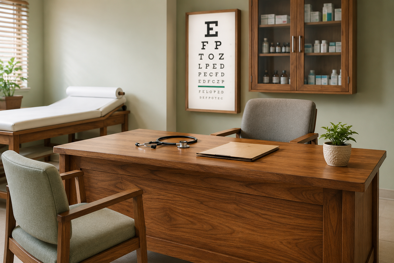 Hospital waiting area with wooden benches