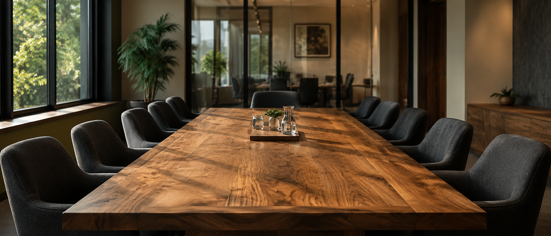 Modern corporate office furnished with executive desks and conference tables by Shastri Concept Furniture